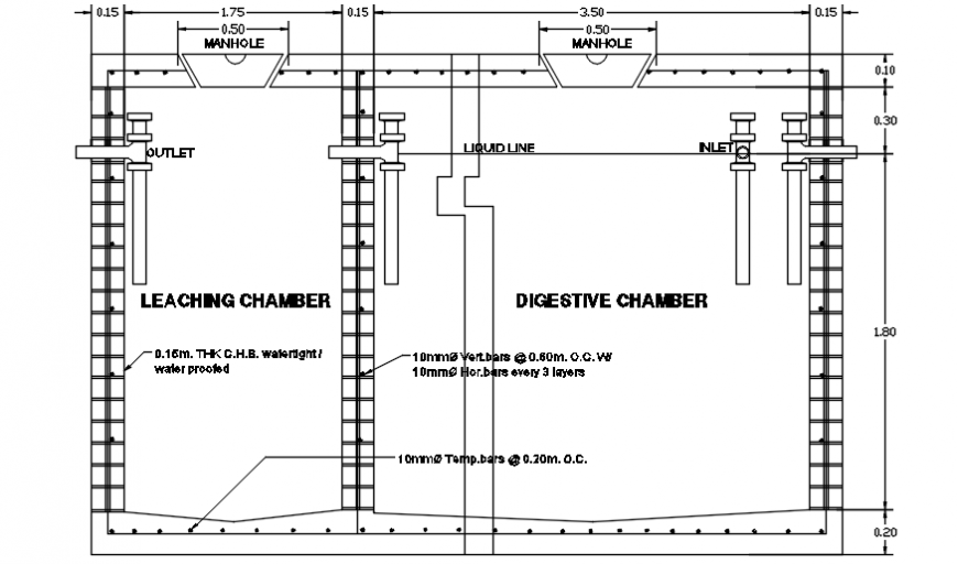 Digestive chamber of sewage tank 2d view dwg file