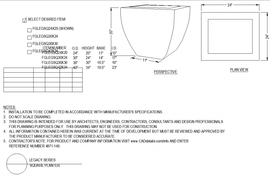 Dimensional pot plan with detail dwg file.