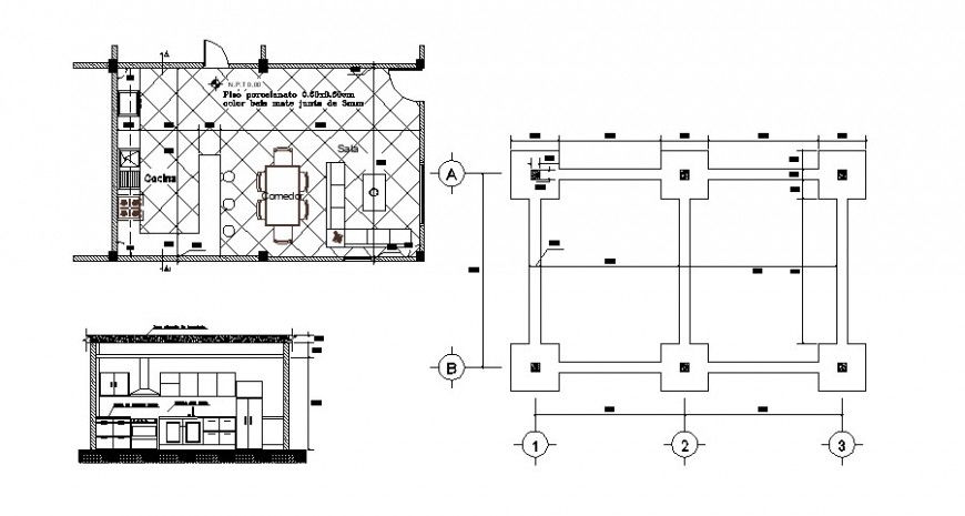 Dining area with kitchen detail 2d view layout file in autocad format