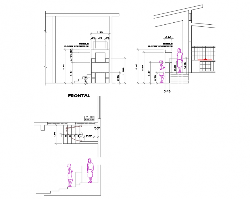 Dining room section details with furniture dishes and cutlery dwg file