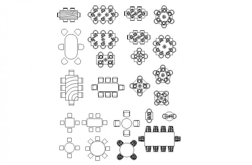 Dining tables and chairs top view plan dwg file