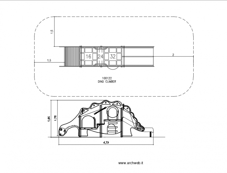 Dino climber garden play equipment plan and elevation details dwg file