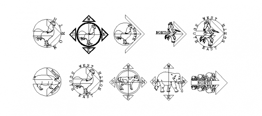 Direction logo of different types of design view dwg file