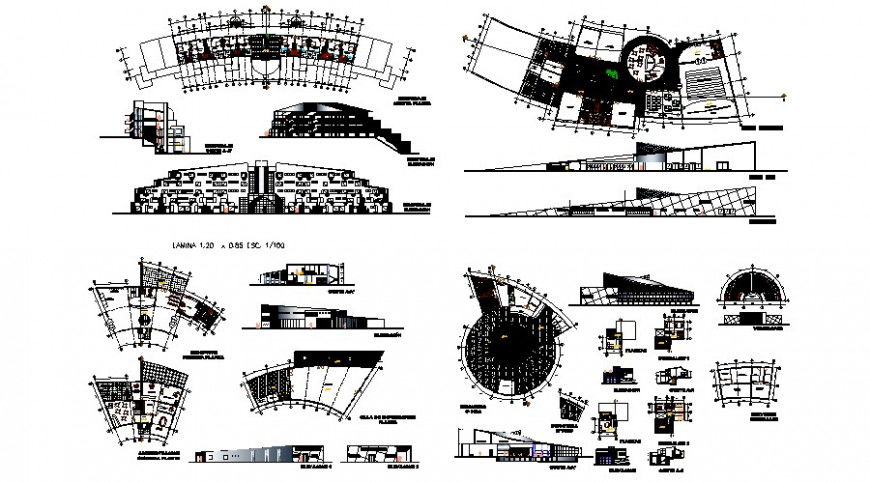 Discotheque a part of sport area plan elevation and section view in auto cad