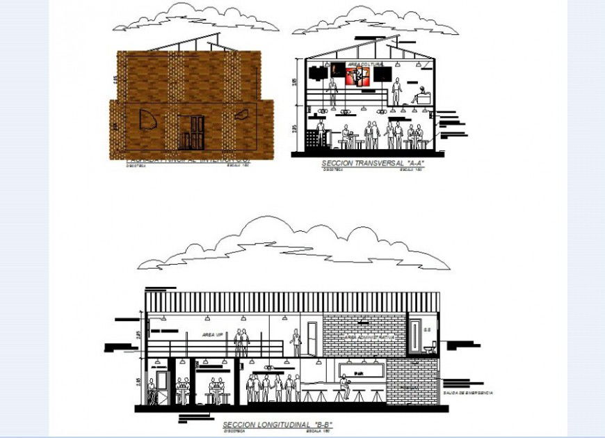Discotheque and bar elevation and section view in auto cad