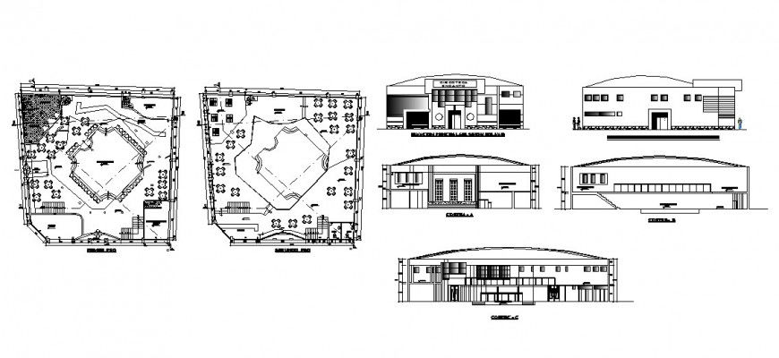 Discotheque restaurant building elevation, section and floor plan cad drawing details dwg file