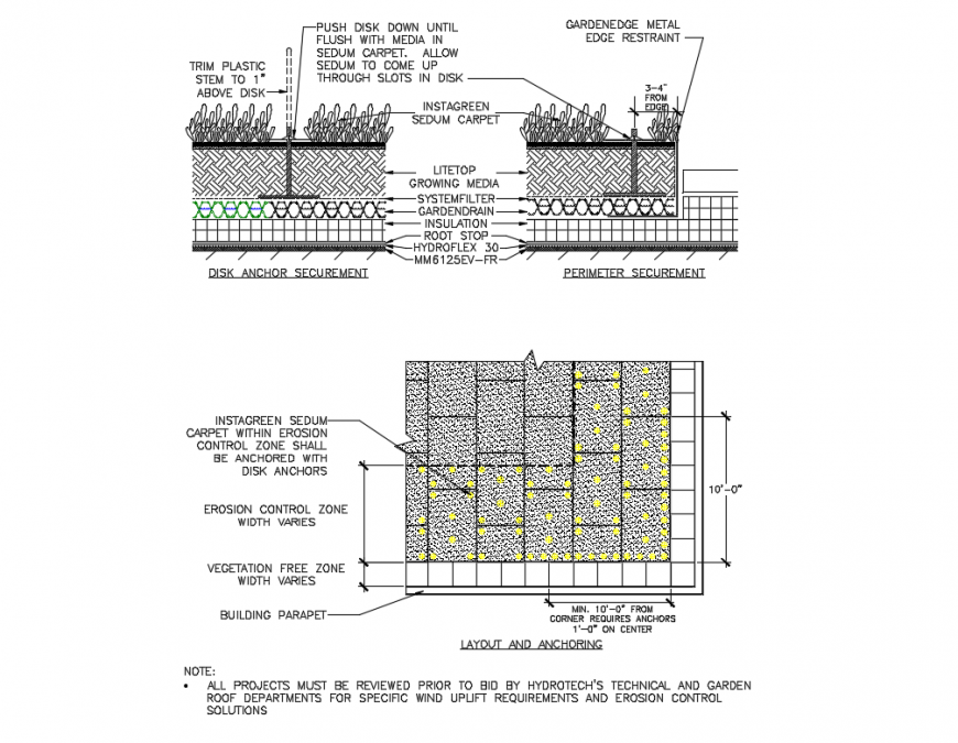 Disk anchor guidelines for carpet layout and anchoring landscaping details dwg file