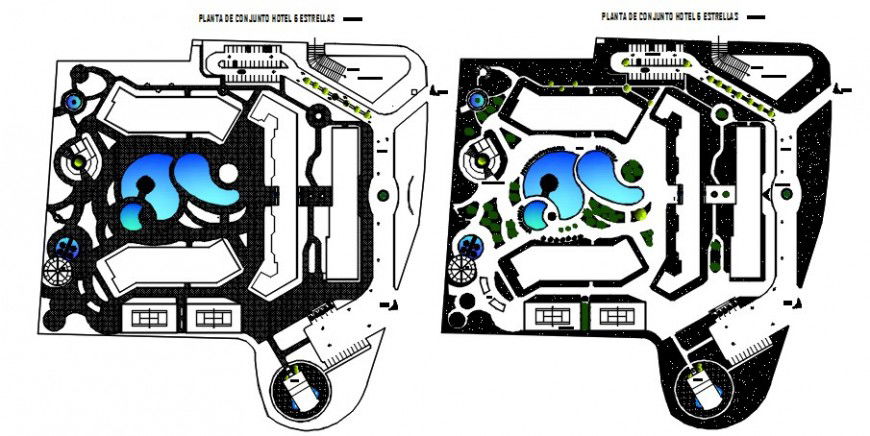 Distribution layout and landscaping structure of five star hotel dwg file