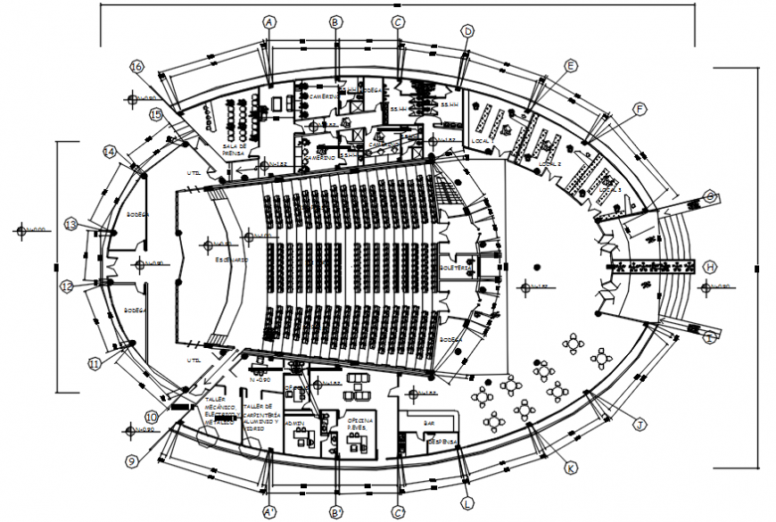 Distribution layout plan with furniture of multiplex theater floor dwg file