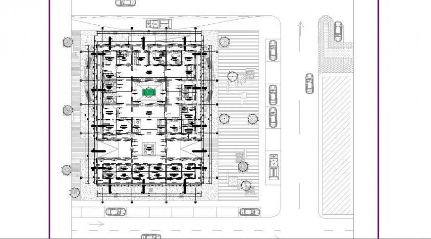 Distribution layout plan with furniture of urban hospital building dwg file