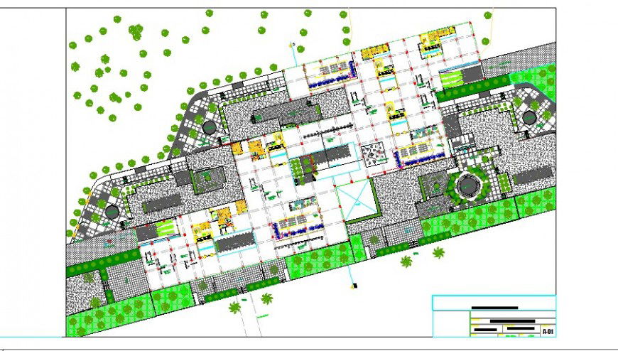 Distribution layout with landscaping details of finance office building dwg file