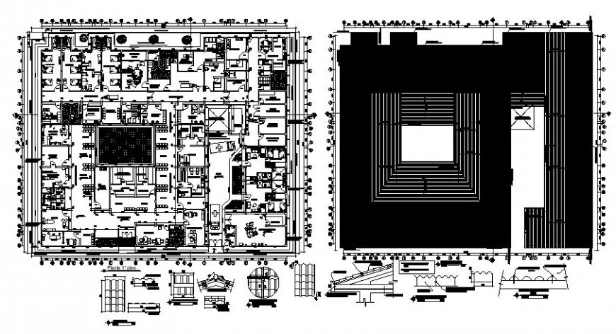 Distribution plan and cover plan details of multi-story hospital dwg file