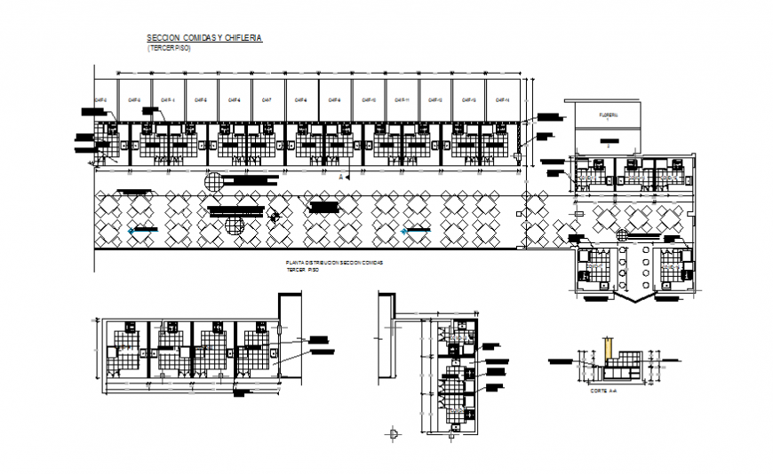 Distribution plan and section details of super market dwg file