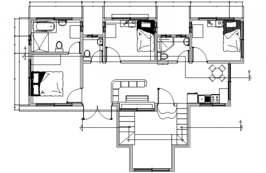 Distribution plan with furniture layout of cottage house cad drawing details dwg file