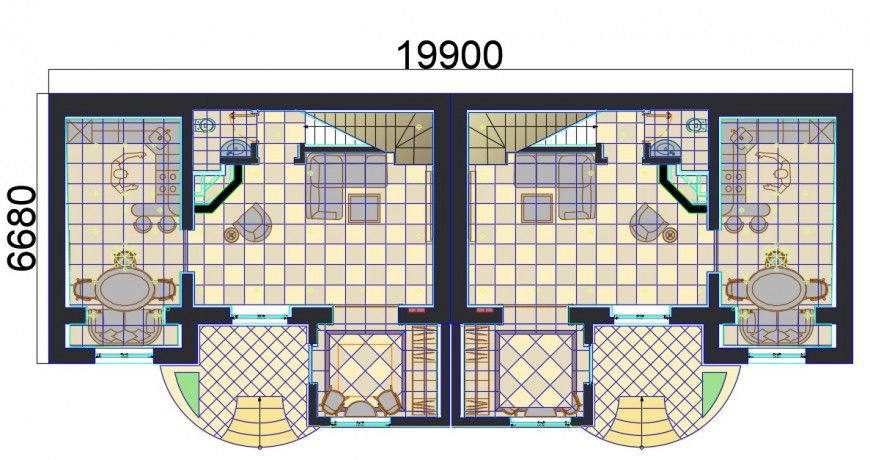 Distribution plan with furniture of semi detached house dwg file