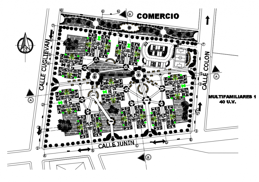 Distribution plan with site plan details of apartment building dwg file