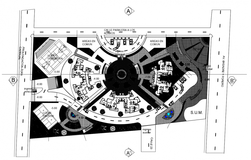 Distribution site layout plan details of multi-family apartment building dwg file