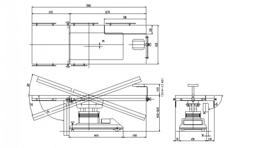 Divided point hospital bed plan, elevation and section layout detail