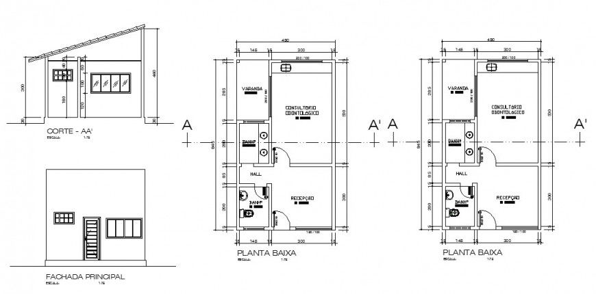 Doctors clinic office elevation, section and plan cad drawing details dwg file
