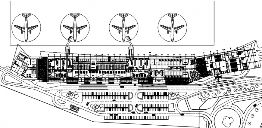 Domestic airport distribution plan and landscaping drawing details dwg file