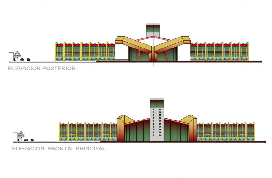 Domestic airport facade and back elevation cad drawing details dwg file