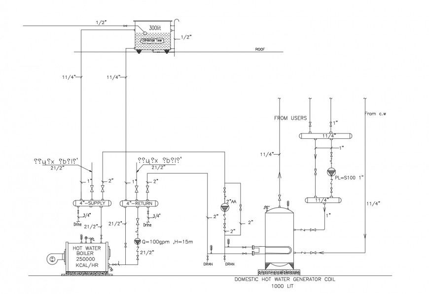 Domestic hot water generator section cad drawing details dwg file