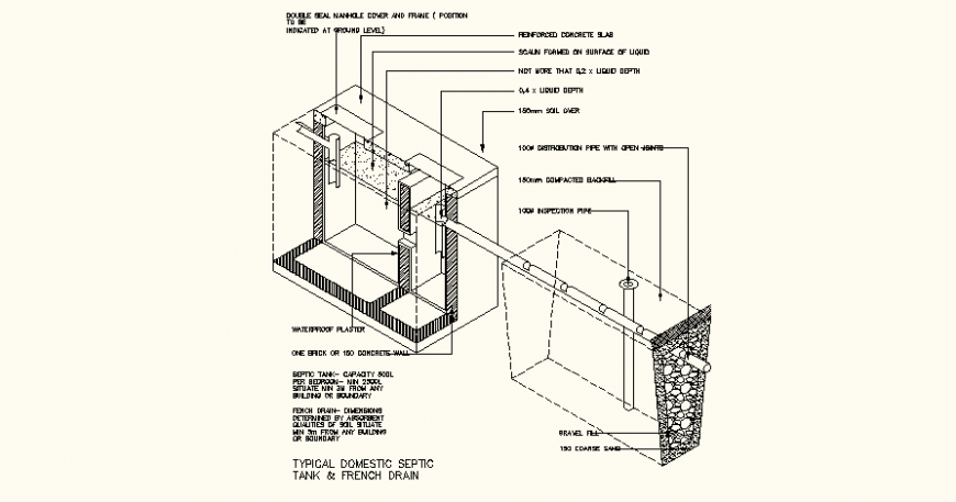 Domestic septic tank isometric design with detail of drain line dwg file