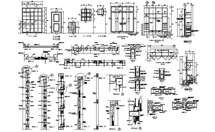 Door and window block details with a section in autocad
