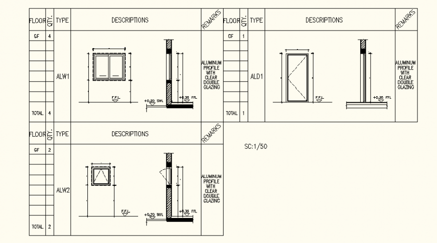Door and window sectional detail with door block design dwg file