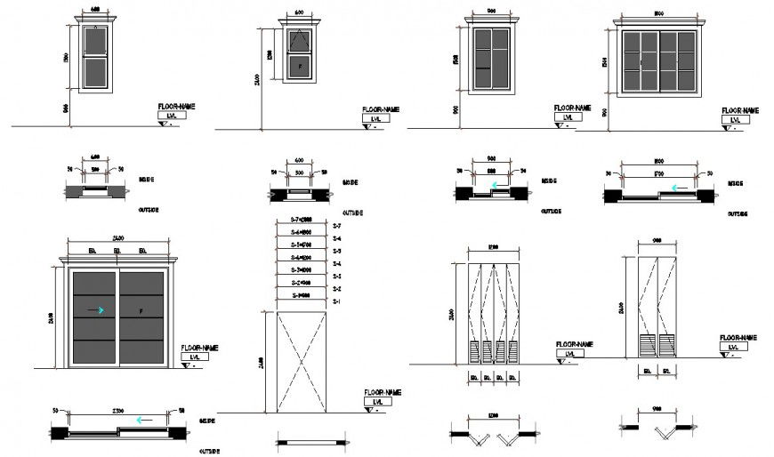 Door and windows elevation and installation details for villa dwg file