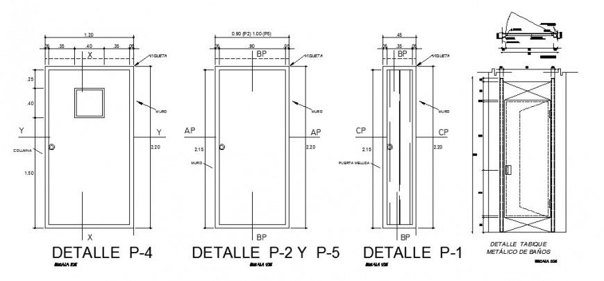 Door front and back elevation and installation cad drawing details dwg file