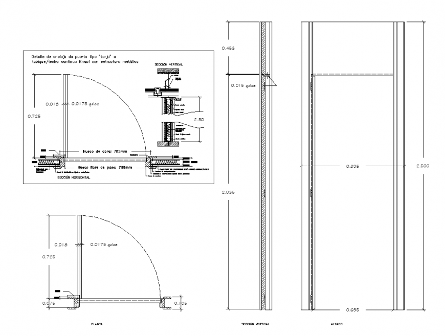 Door plan with standard design and sectional detail with elevation of door dwg file