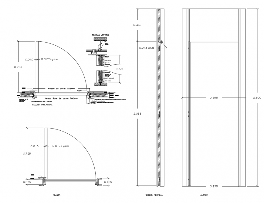 Door section, plan and installation cad drawing details dwg file
