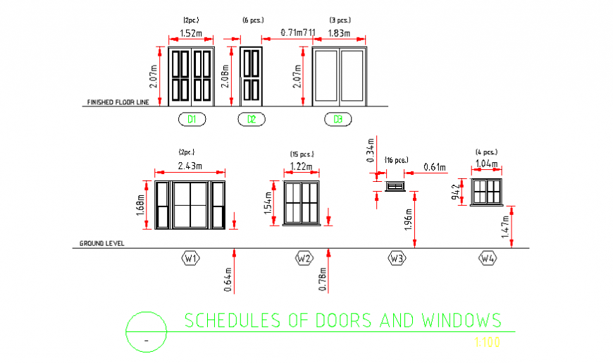 Door window section of two storey residential building design drawing