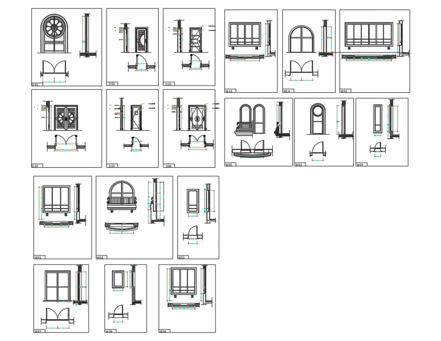 Doors and windows elevation and installation details of villa dwg file