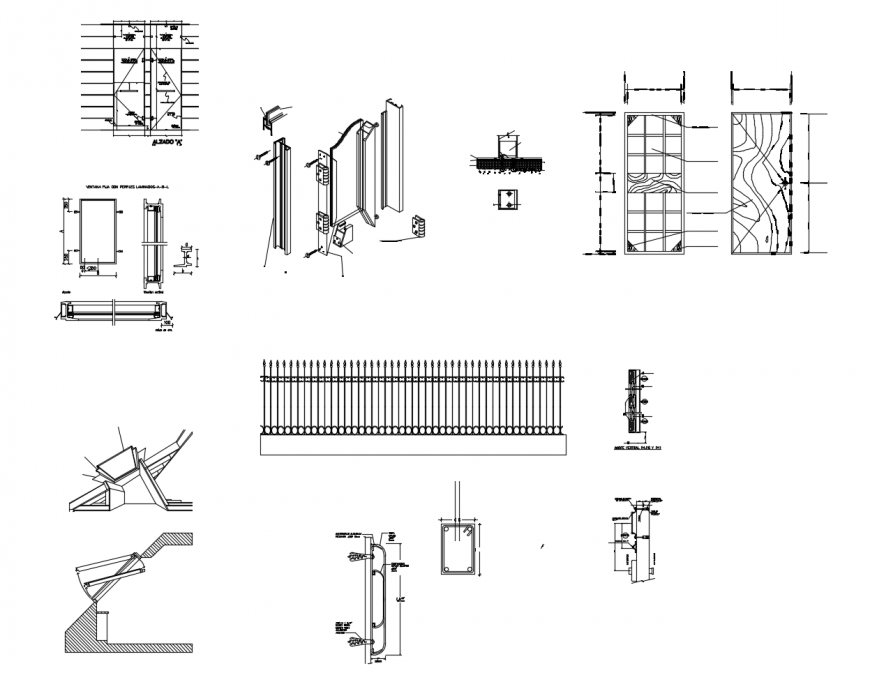 Doors elevation and installation and railing cad drawing details dwg file