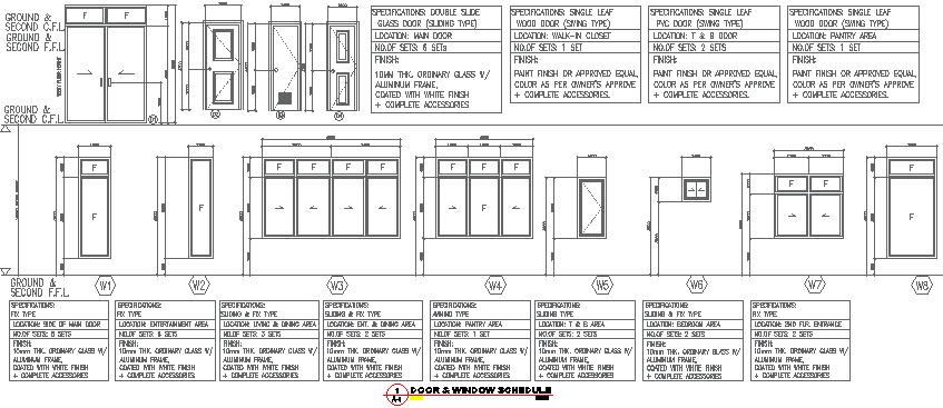 door window schedule for 2 storey residential building dwg autocad drawing