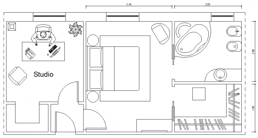 Double bed bedroom with attached office top view layout plan dwg file
