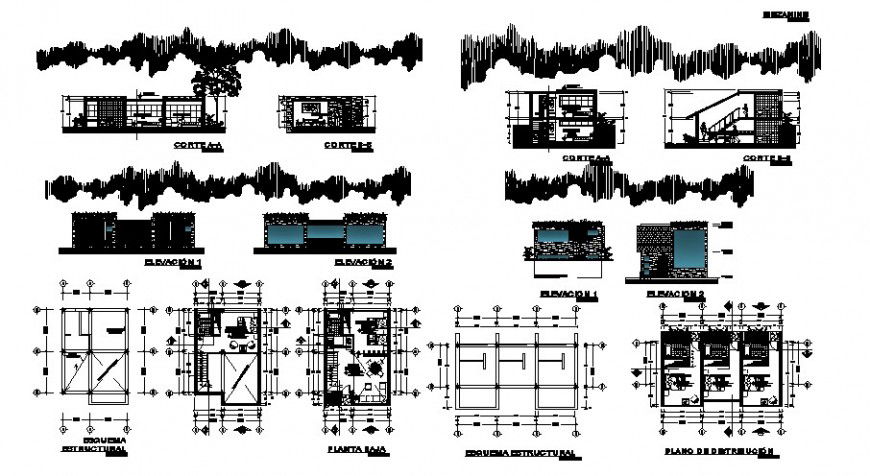 Double bed bungalows floor plan elevation and section view in auto cad