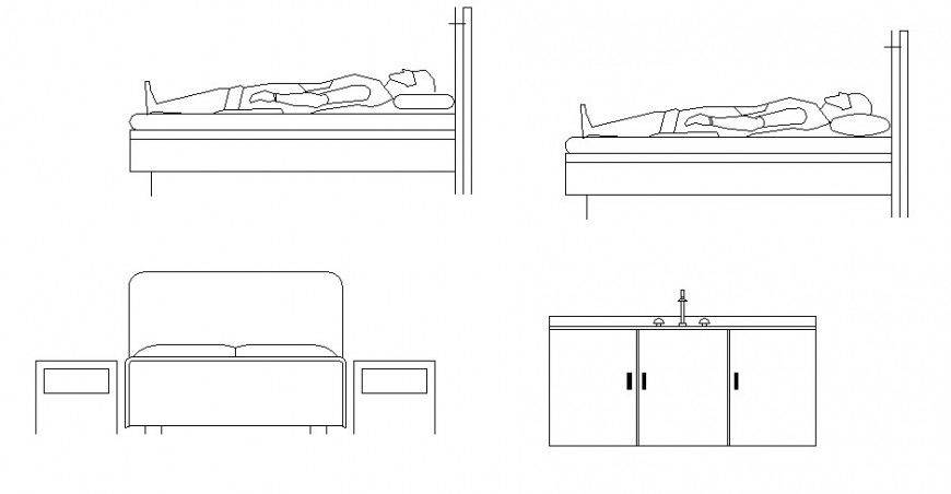 Double bed elevation and furniture blocks cad drawing details dwg file