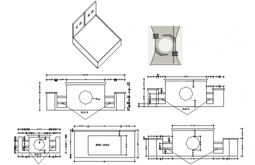 Double bed isometric and all sided elevation cad drawing details dwg file