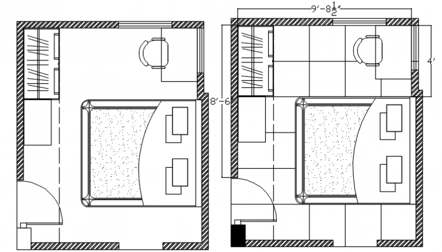 Double bed two bedrooms layout plan cad drawing details dwg file