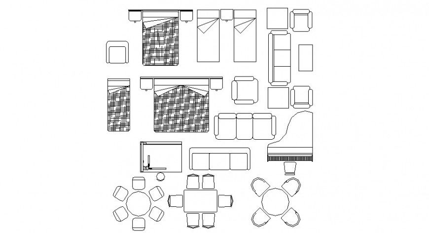 Double beds, dining tables etc furniture blocks cad drawing details dwg file
