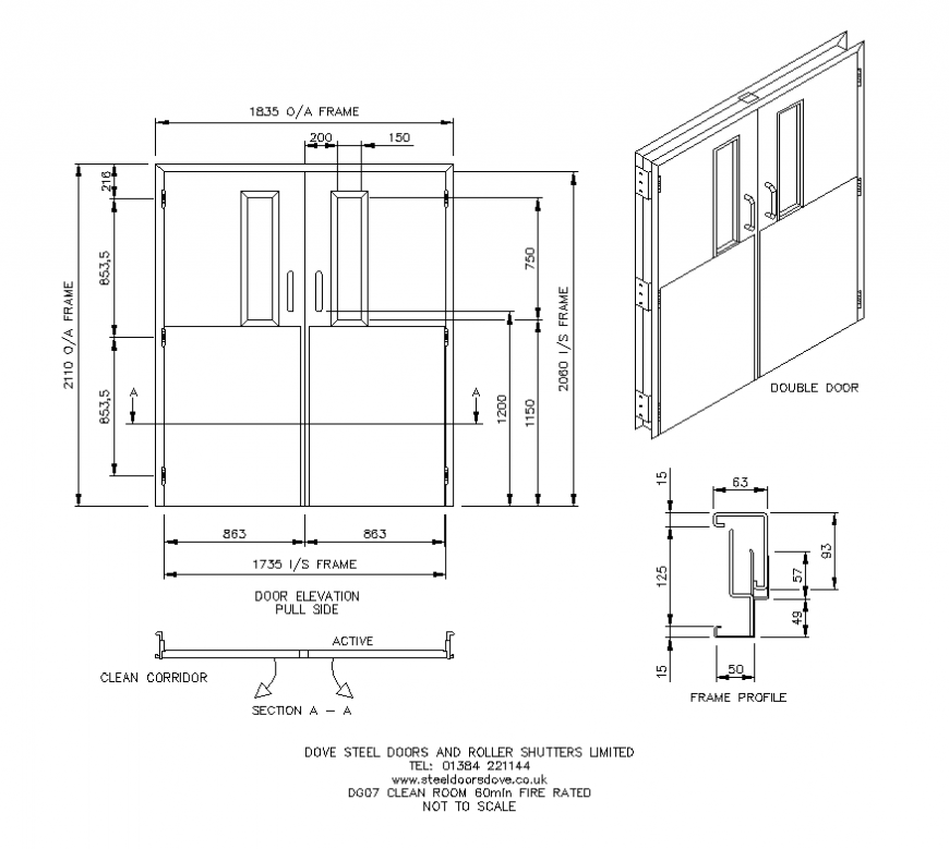 Double door detail elevation and section 2d view layout file