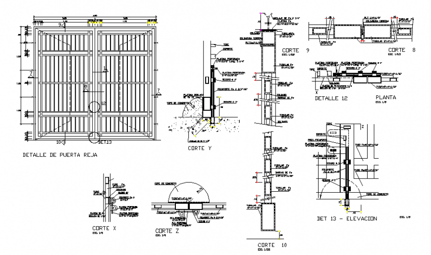 Double door gate elevation and section detail dwg file
