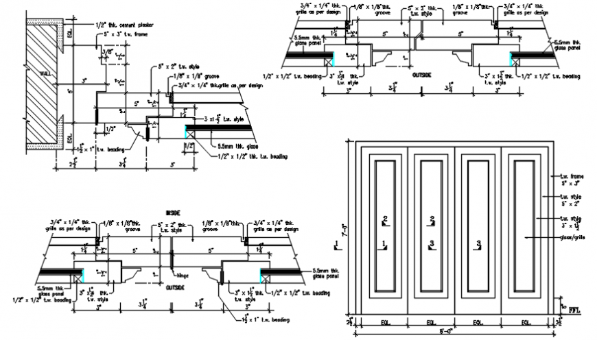 Double door window elevation and joinery drawing details dwg file