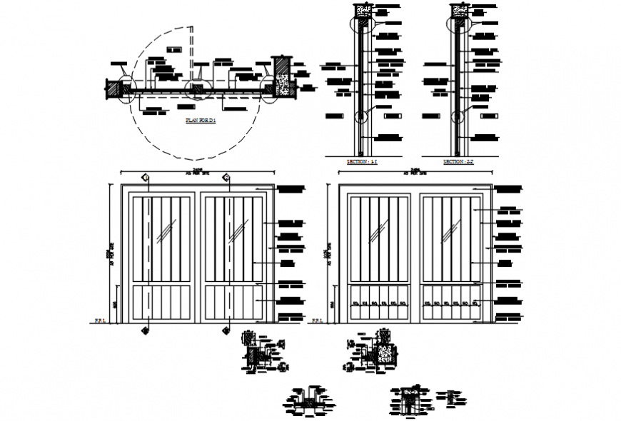 Double door windows elevation, carpentry and installation details dwg file
