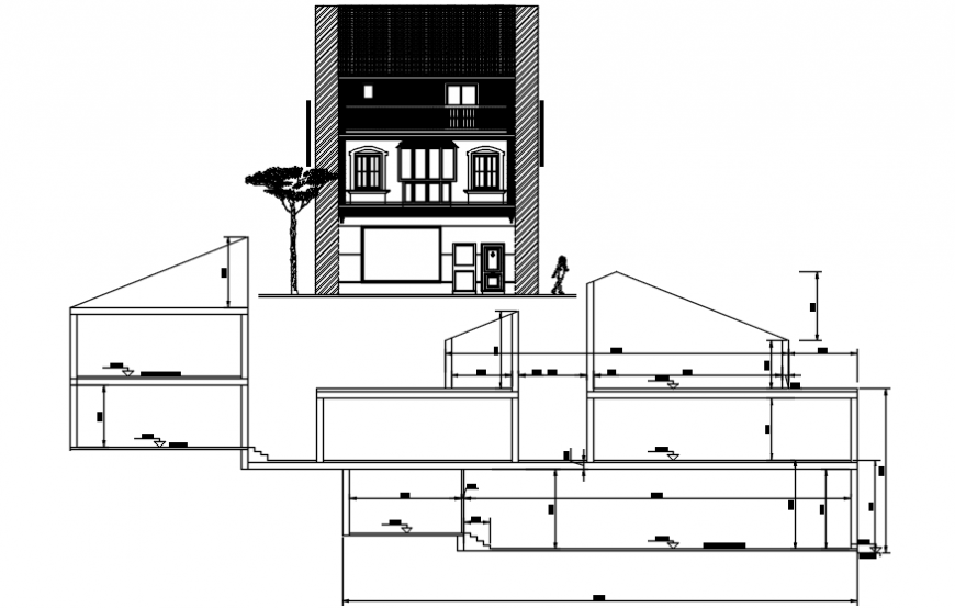 Draft house main elevation and section cad drawing details dwg file