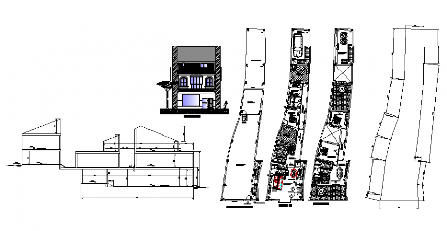 Draft housing in plot very irregular plan and elevation autocad file