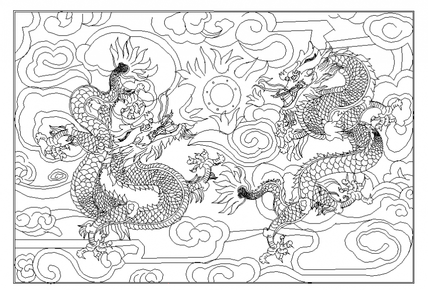 Dragon pattern tile and wall block cad drawing details dwg file